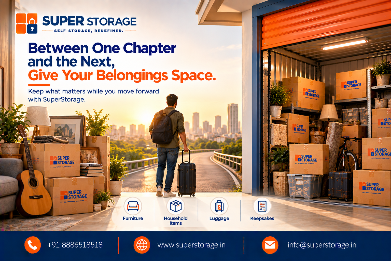 Super Storage banner showing a traveler with a backpack and suitcase walking down a road toward a city skyline at sunset, flanked by a home setting with packed boxes, a guitar, and artwork on the left, and an illuminated storage bay packed with cartons, luggage, and a bicycle on the right. Headline reads: "Between One Chapter and the Next, Give Your Belongings Space."