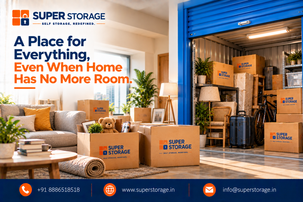 Super Storage banner showing a cozy apartment living room with packed cardboard boxes, a rolled carpet, and keepsakes directly connecting to a clean, well-lit blue storage bay filled with shelves, boxes, a bicycle, and luggage. Headline reads: "A Place for Everything, Even When Home Has No More Room."