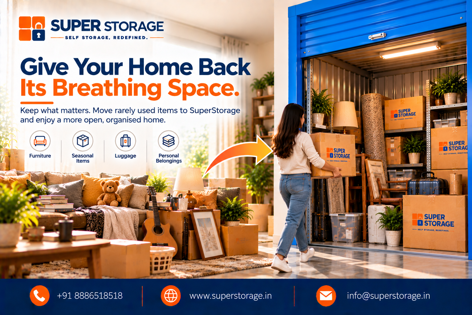 Super Storage banner showing a cozy, cluttered living room transitioning via an orange directional arrow into a bright, blue-framed storage unit where a woman carries a carton toward loaded shelves filled with luggage, rolled carpets, and boxes. Headline reads: "Give Your Home Back Its Breathing Space."