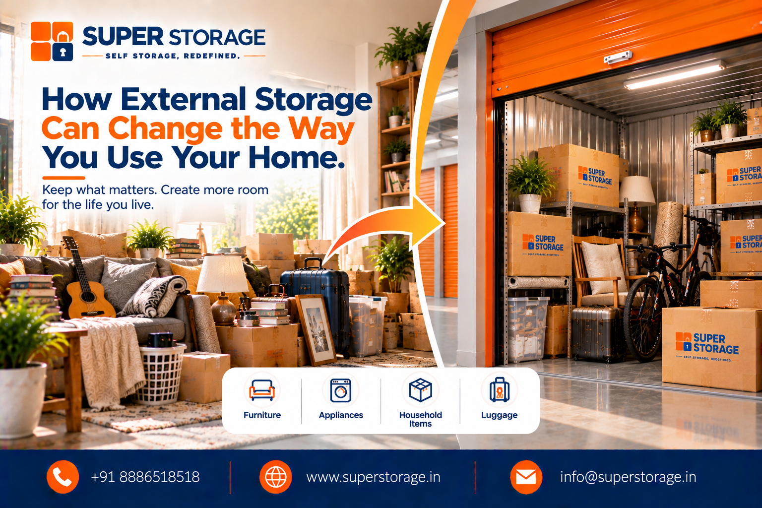 Super Storage banner showing a crowded living room packed with books, guitars, suitcases, and moving boxes, with an orange curved arrow pointing directly into a clean, brightly illuminated storage unit organized with shelves, boxes, a bicycle, and a lounge chair. Headline reads: "How External Storage Can Change the Way You Use Your Home."