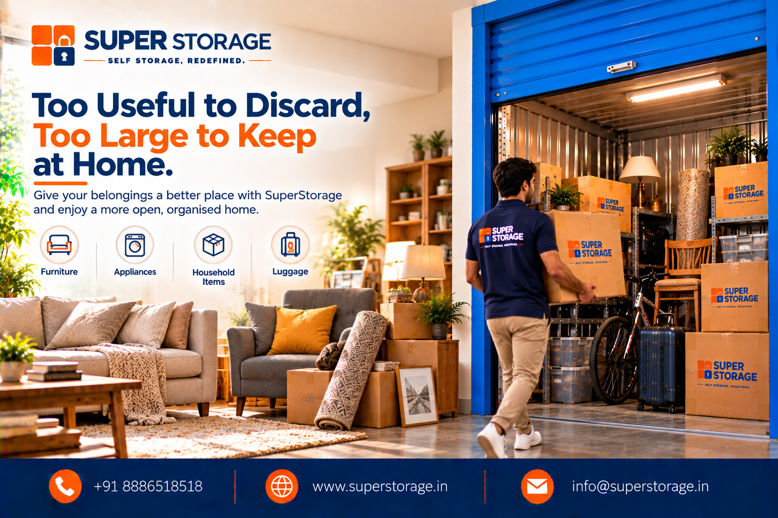 Super Storage banner showing a cozy, cluttered living room with packed cartons, rolled rugs, and extra furniture transitioning into a bright blue-framed storage unit where a mover carries a box toward shelves packed with chairs, luggage, bicycles, and storage boxes. Headline reads: "Too Useful to Discard, Too Large to Keep at Home."
